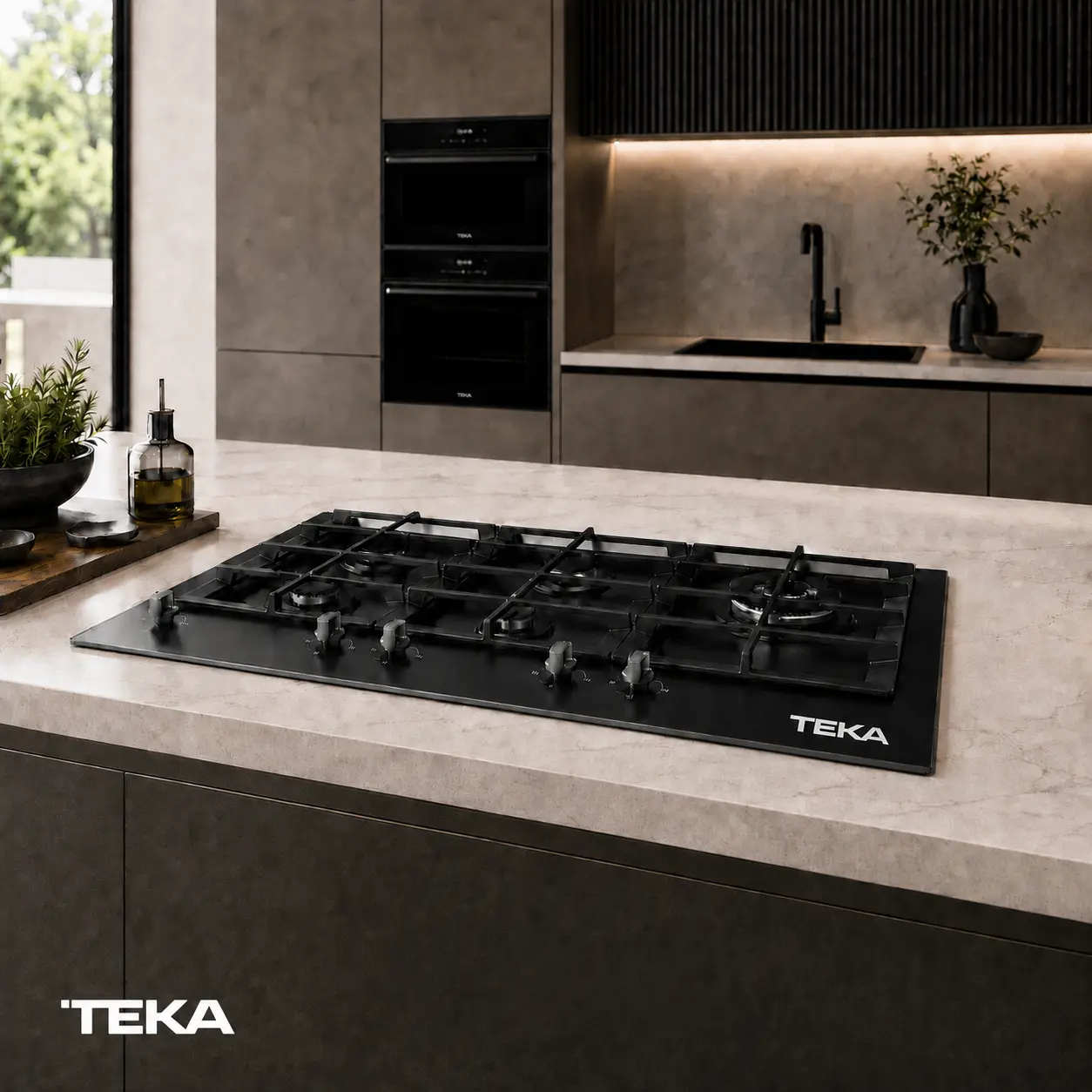 Placa de cocina empotrable de gas sobre encimera de cocina moderna
